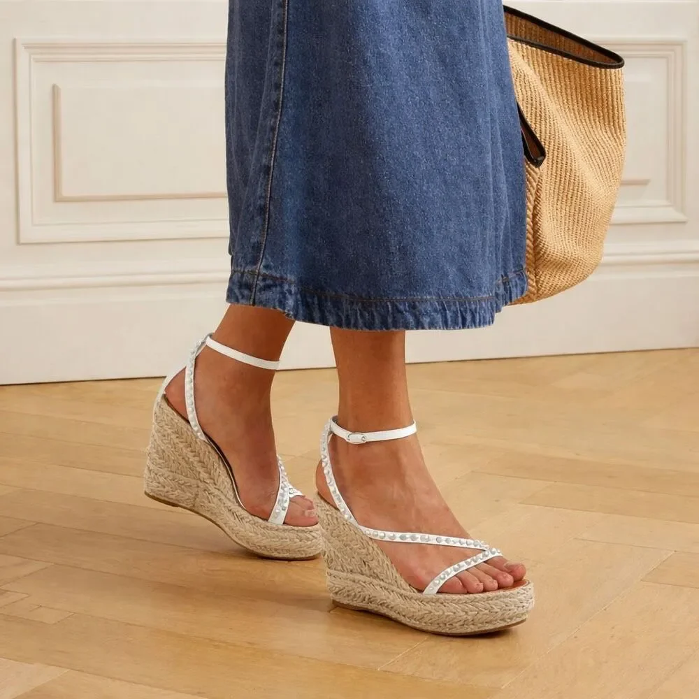 CHRISTIAN LOUBOUTIN Mafaldina Wedge Heels 39 US 8.5 Spiked Sandals White Leather